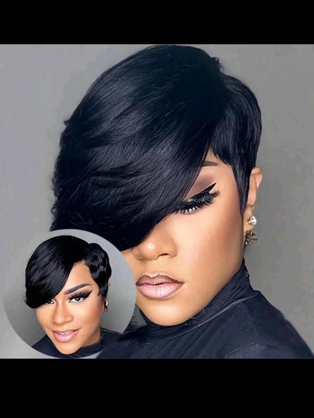 Short Sleek  Women's Pixie Wig - Smooth Side Sweep BLACK
